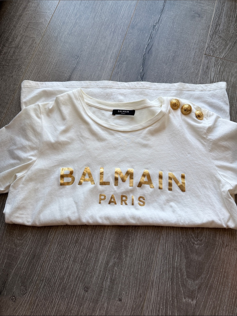 Balmain White Gold Logo T-Shirt w/ Gold Shoulder Buttons XS - Picture 7 of 7